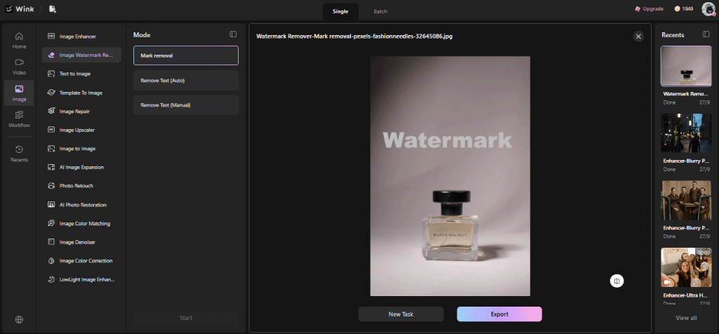 Wink AI watermark removal test on a promotional clip
