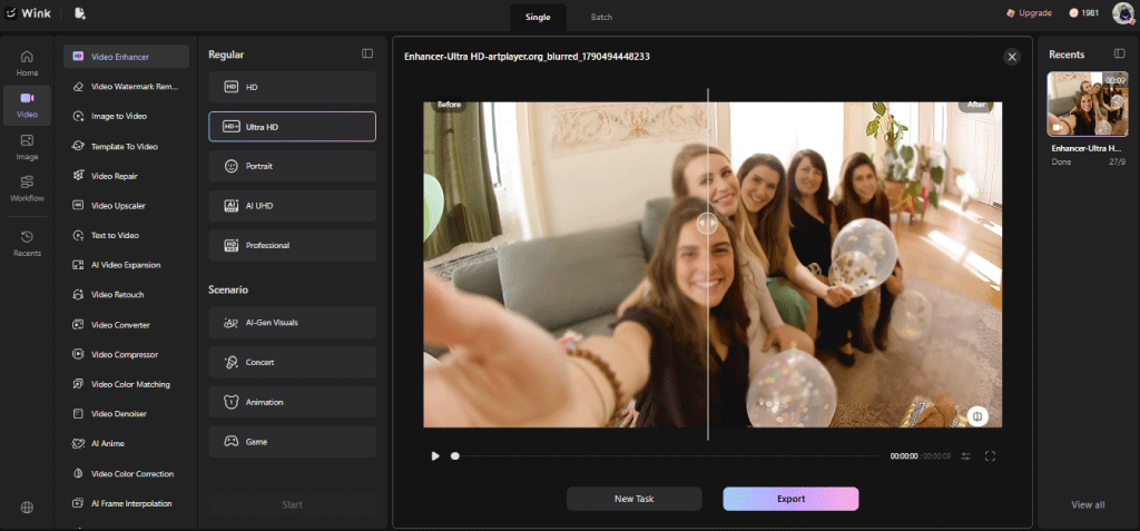 Wink AI video enhancement test showing clearer phone footage